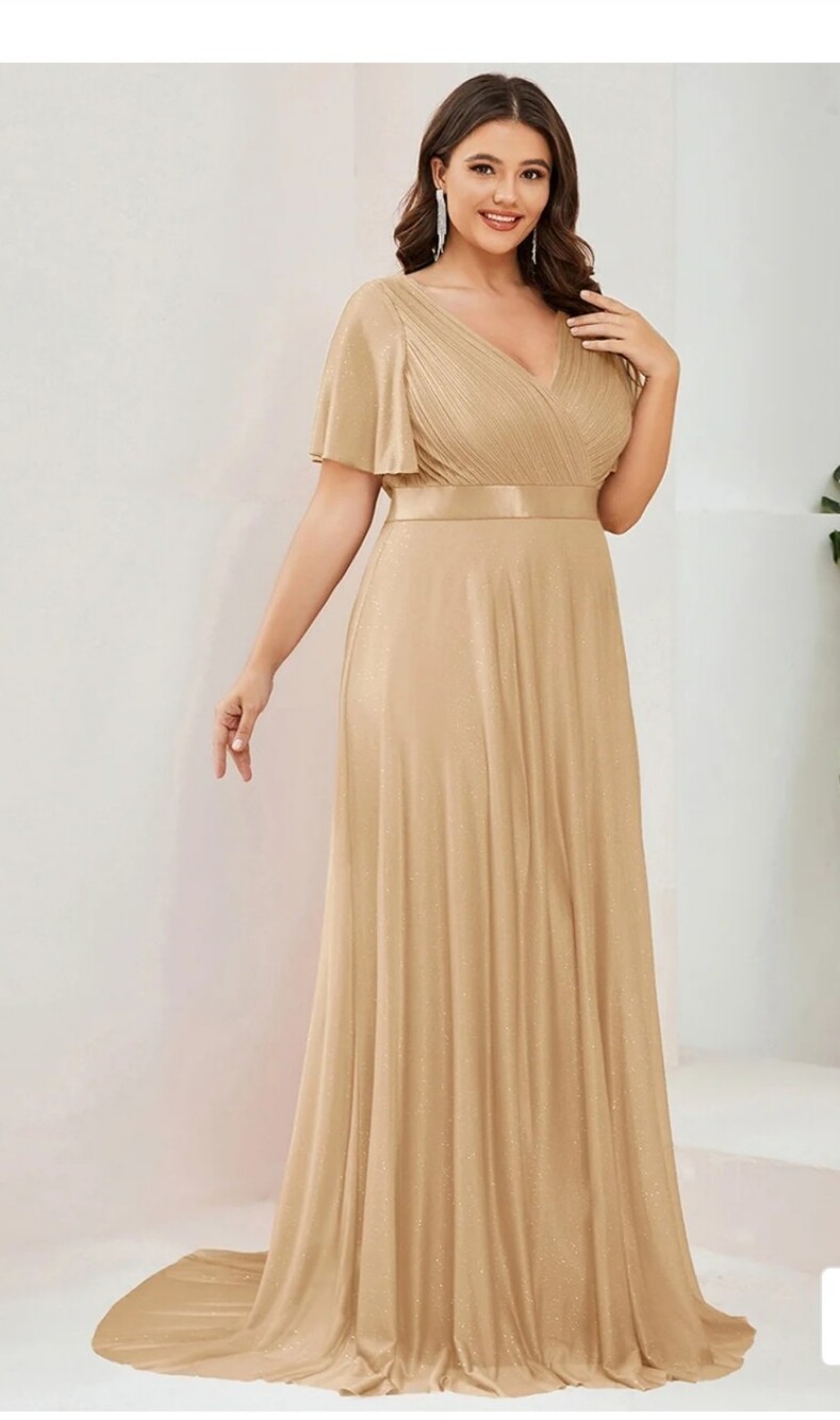 Nwt 1X Ever Pretty Gold Glitter V-Neck Maxi Gown